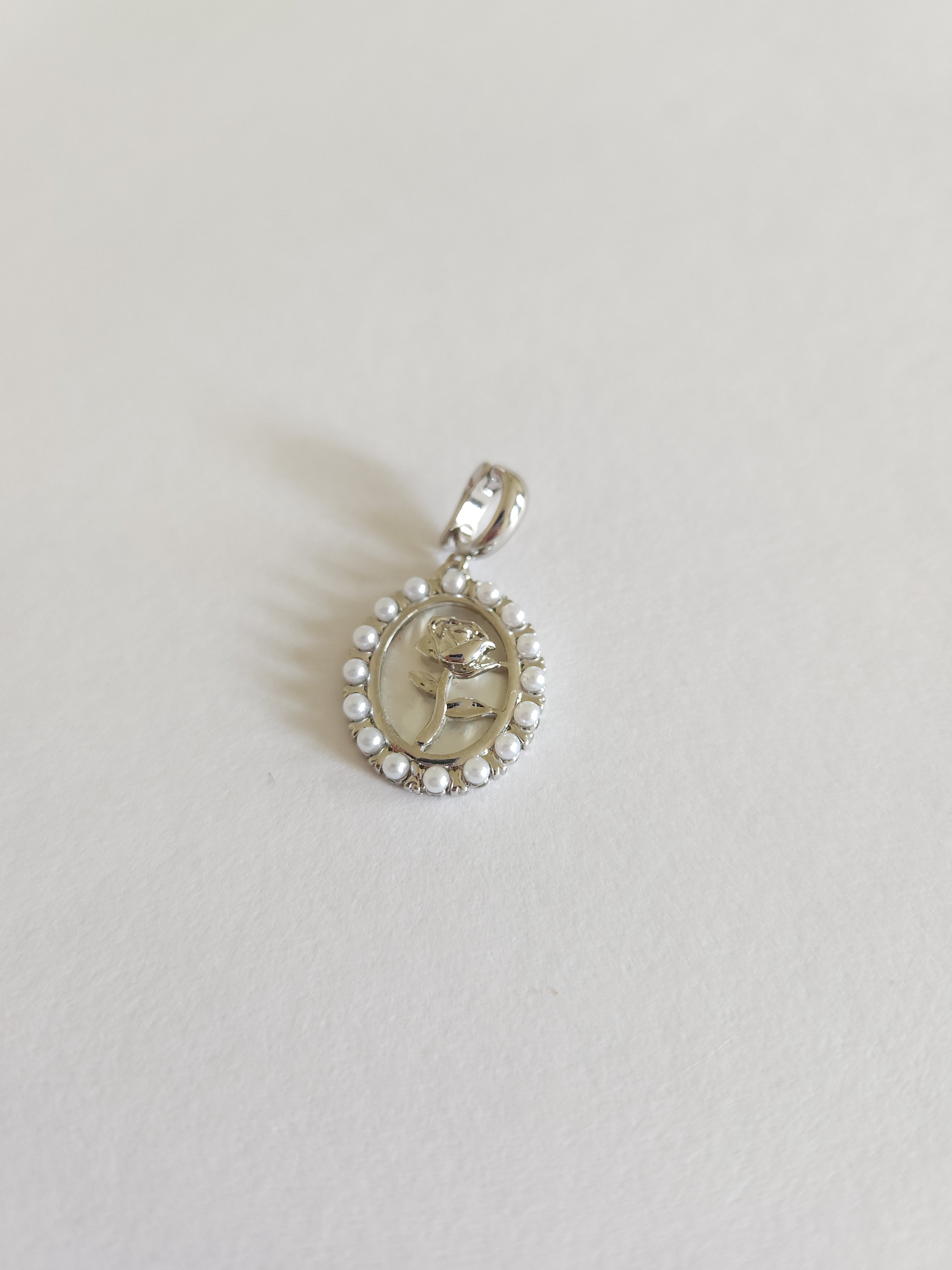 Silver rose pearl charm