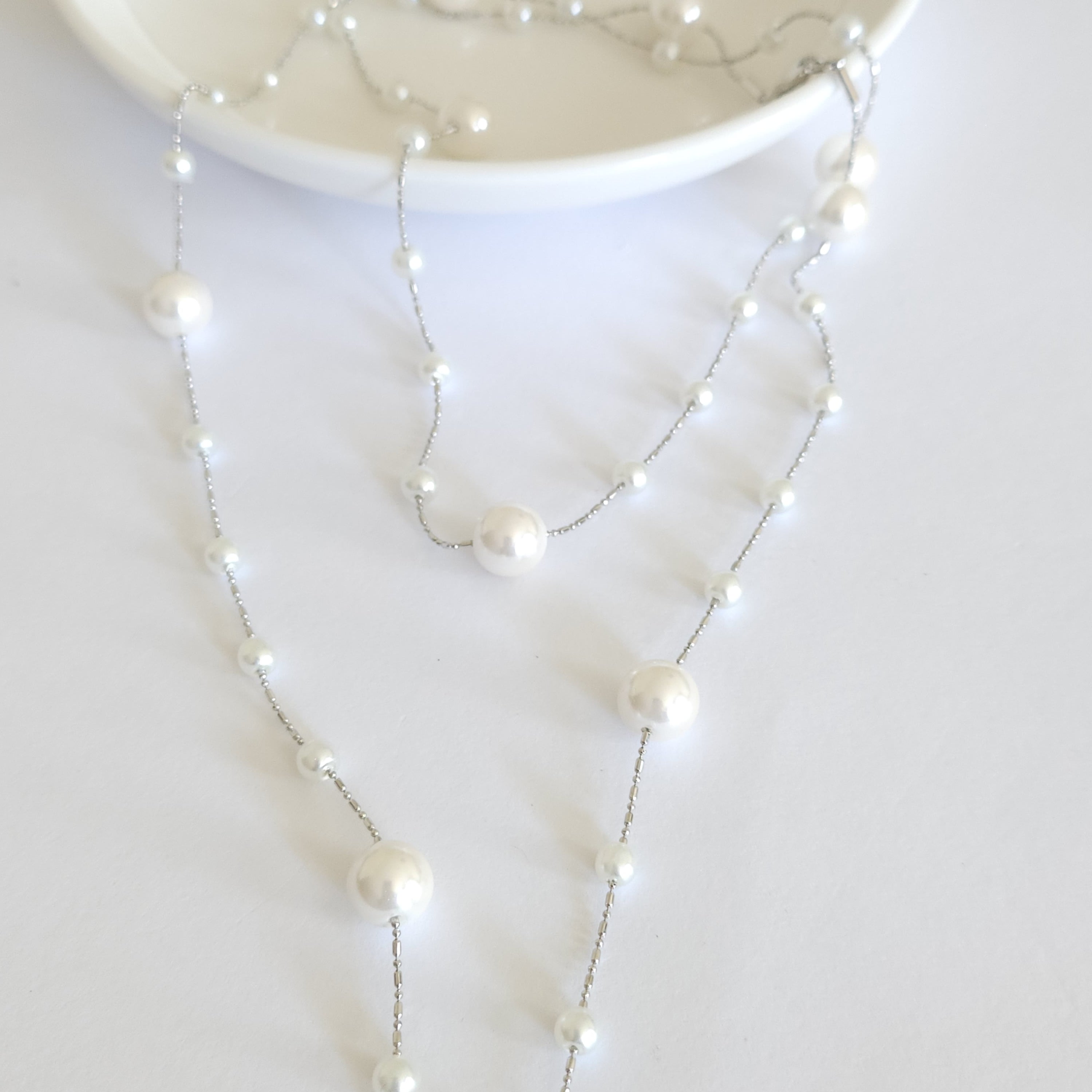 Long chain swarovski pearl layering necklace