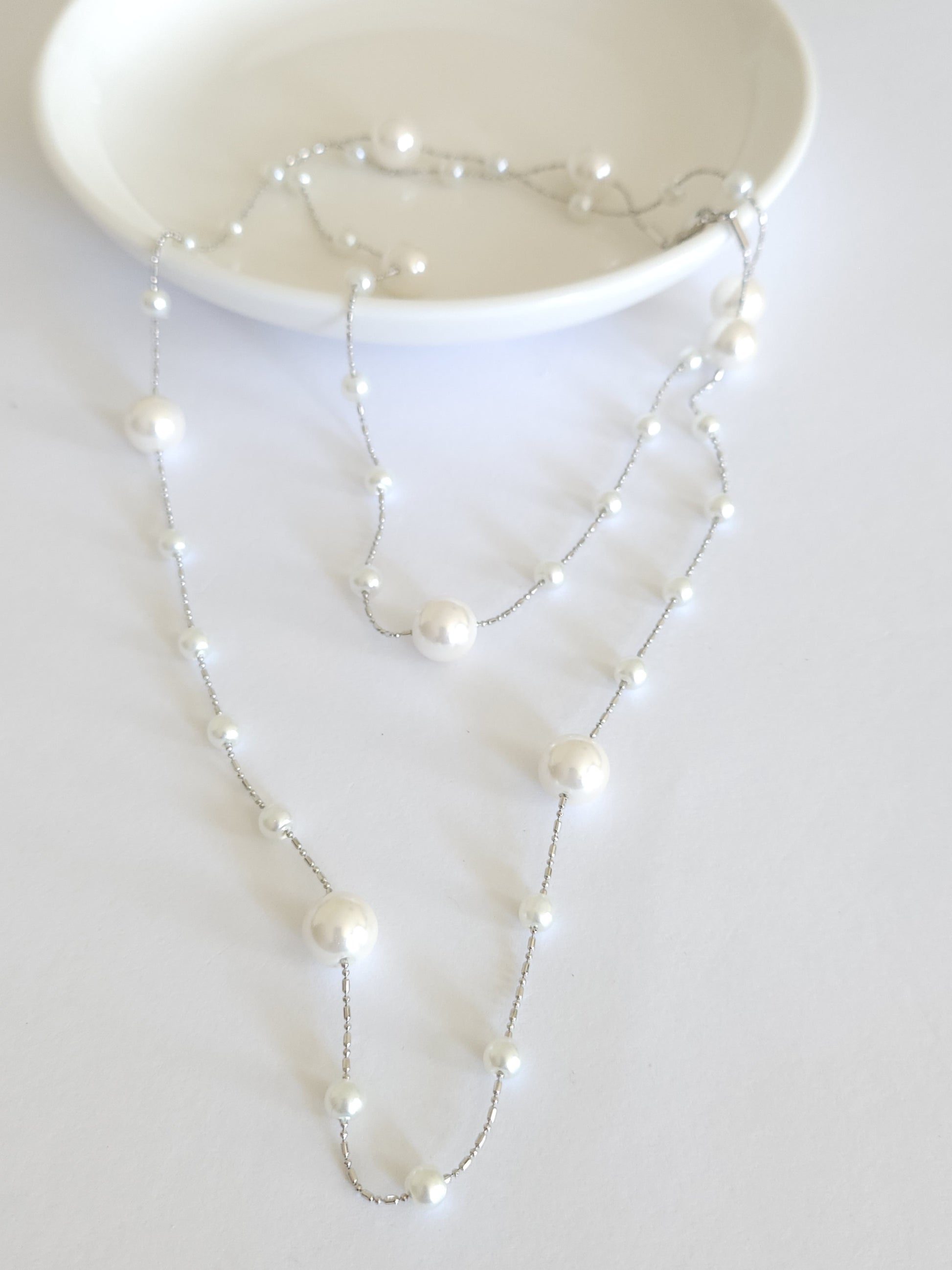 Long chain swarovski pearl layering necklace